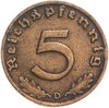 Германия - Третий рейх 5 рейхспфеннигов 1938 "D", Аукцион: Monetnik за 600 RUB