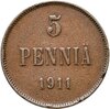 5 пенни (pennia) 1911, монета для Финляндии, Аукцион: Monetnik за 348 