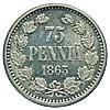 Для Финляндии. 75 пенни 1863 года. Пробная. Серебро, 3,96 г. Состояние UNC. В каталогах не опубликована. Очень редкая, уникальная монета.
 
 оценка: 
$20 000–30 000
итоговая цена:
 $20 000, Аукцион: Numismat.Ru за 623 422 RUB