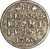 Россия для Пруссии. 2 гроша 1760 г. Гурт – гладкий. Серебро. Вес 0,97 г. Сохранность – XF. Как Биткин №767(R1), Уздеников №4878(точка), как Дьяков №690(R1). Редкая, 5 рублей по Ильину, 10 рублей по Пе..., Аукцион: RusNumismat от 26 000 RUB