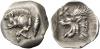 Mysia, Cyzicus. Hemiobol circa 500-490, AR 0.24 g. Forepart of boar l.; behind, tunny. Rev. Head of lion l., with open jaws and tongue protruding;, Аукцион: Numismatica Ars от 200 CHF